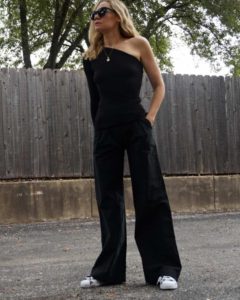 Investment Piece, fashion, blogger, one shoulder, JCrew, wide leg, Addias, all black, CA, TX 