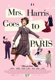 movie poster-pink- with an older woman in a skirt suit and hate, holding a briefcase with Dior dresses, a man raising his hat and two women in the background with text Mrs. Harris Goes to Paris