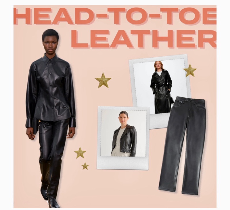 a graphic with a model in head to toe leather with words saying Head to toe leather 