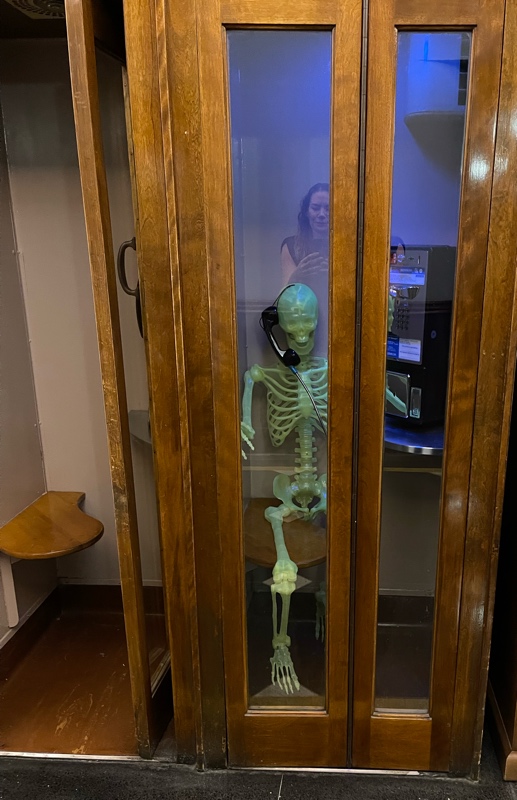 a skeleton in a phone booth and the image of a woman in the glass