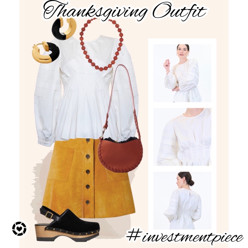 collage of a suede skirts, clogs, white shirt and gold jewelry