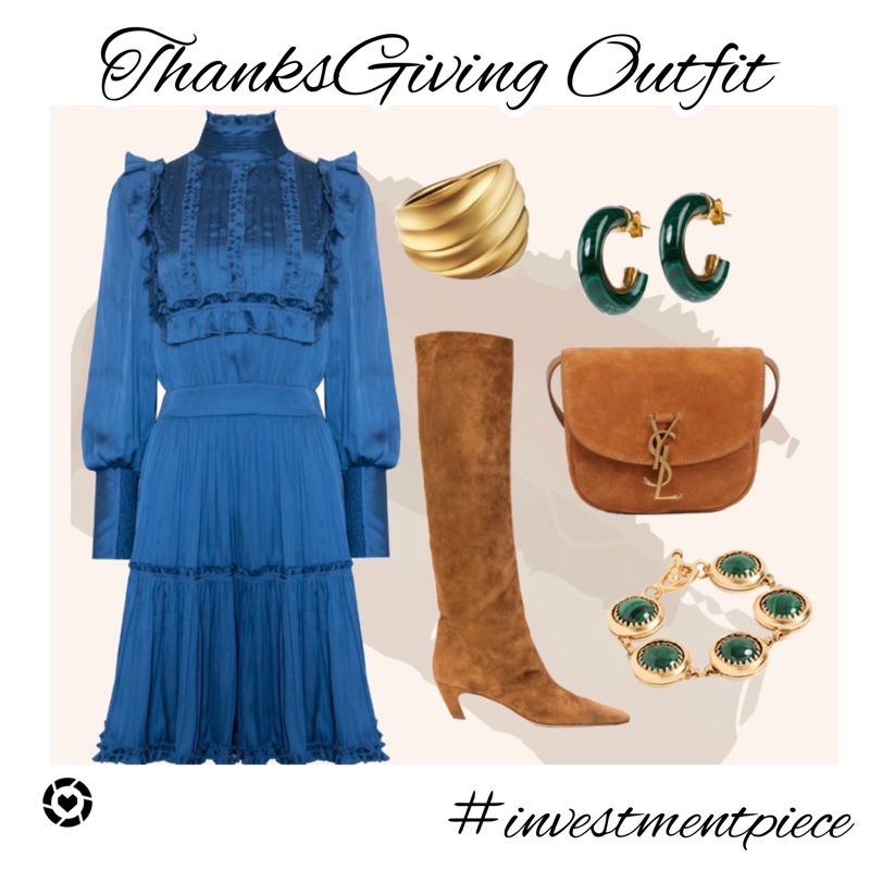 collage of a blue dress, boots, bag and jewelry 