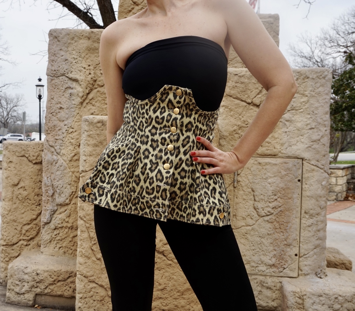a woman in black strapless top and pants and a leopard corset in front of a rock formation 