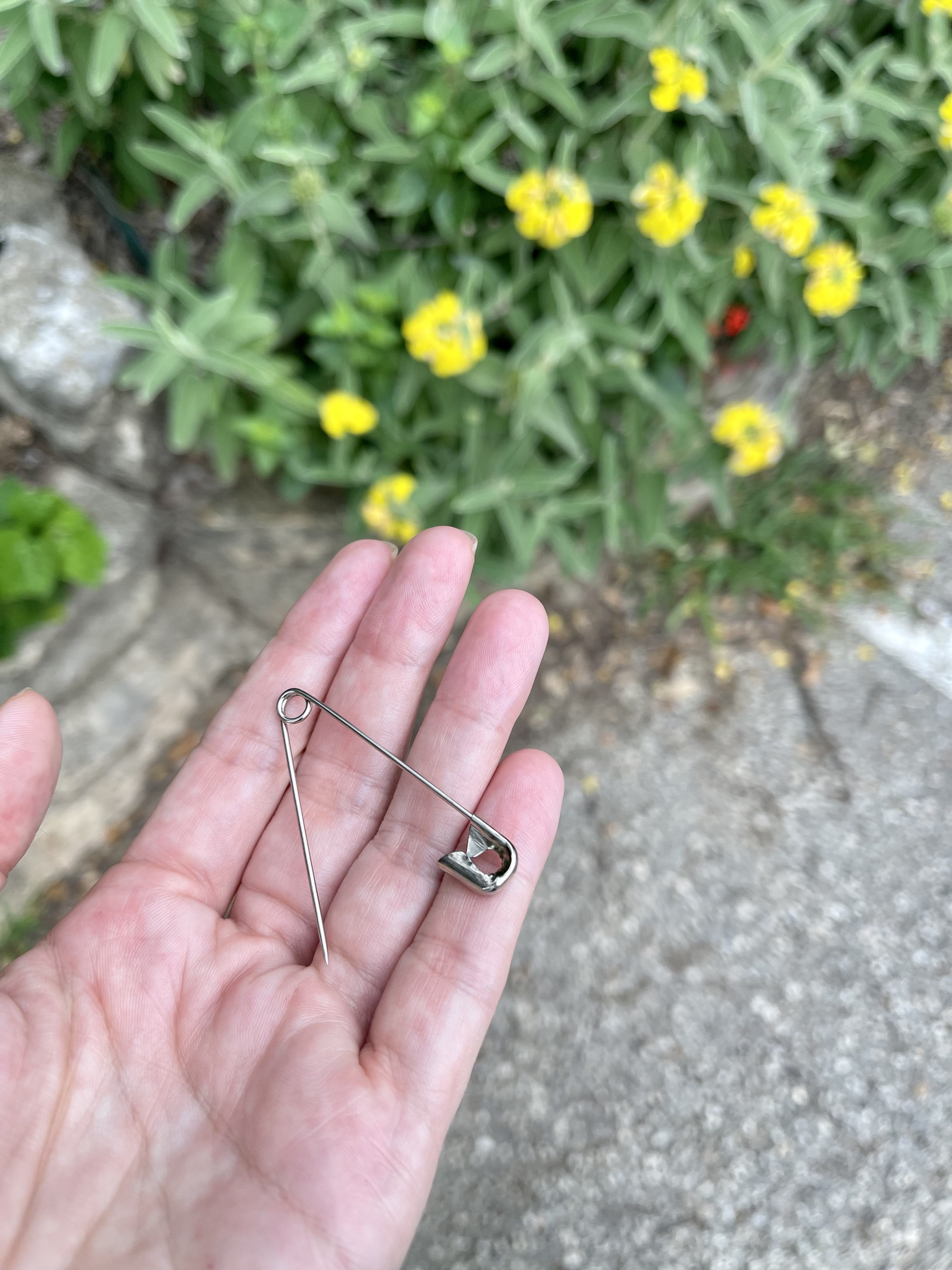 a close up of a safety pin in front of flowers