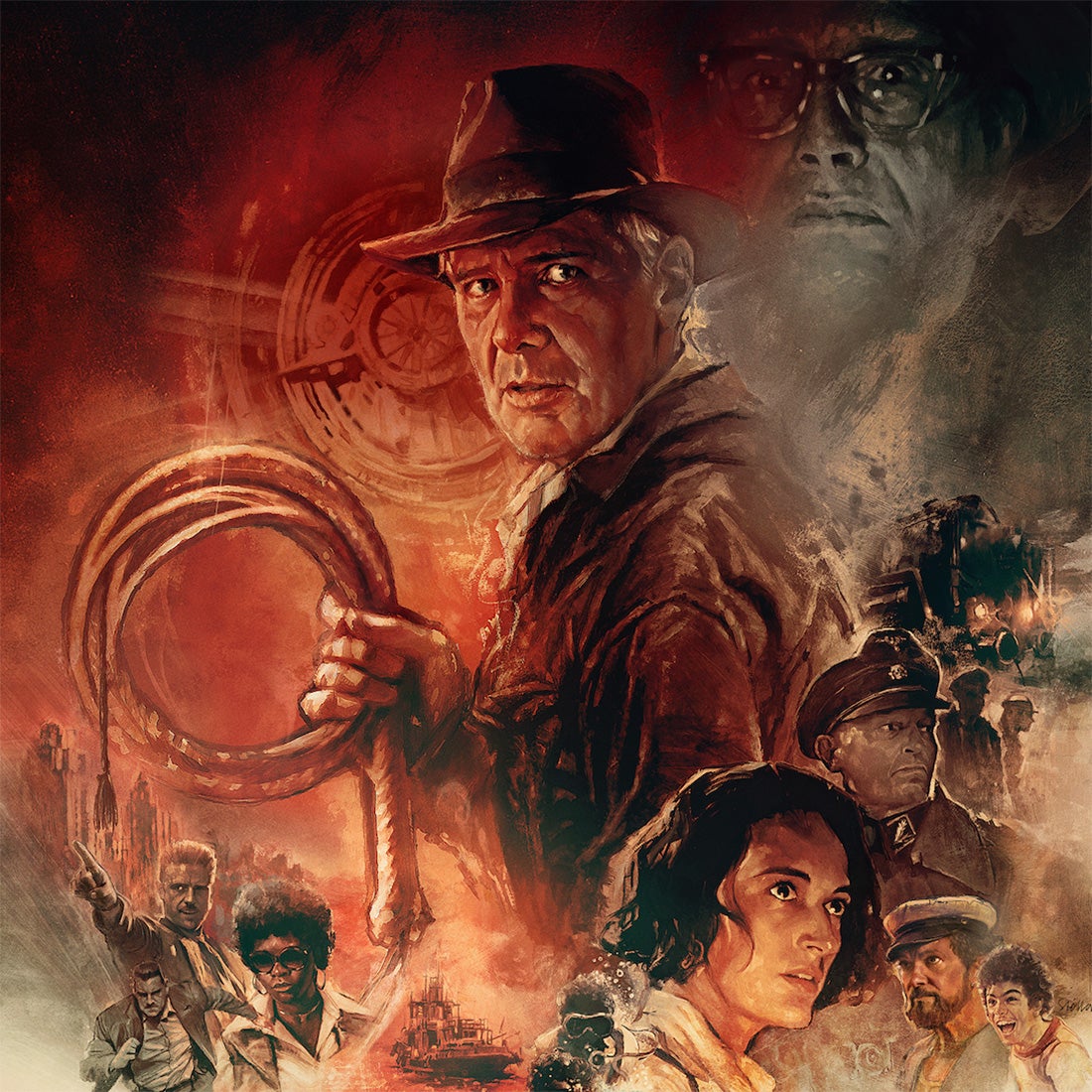 a Dial of Destiny Poster with Indiana Jones holding a whip and in the background various women and men