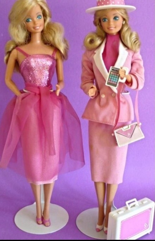 day to night barnie with a blonde doll in a pink suit and then a pink sequin top with a pink chiffon skirt