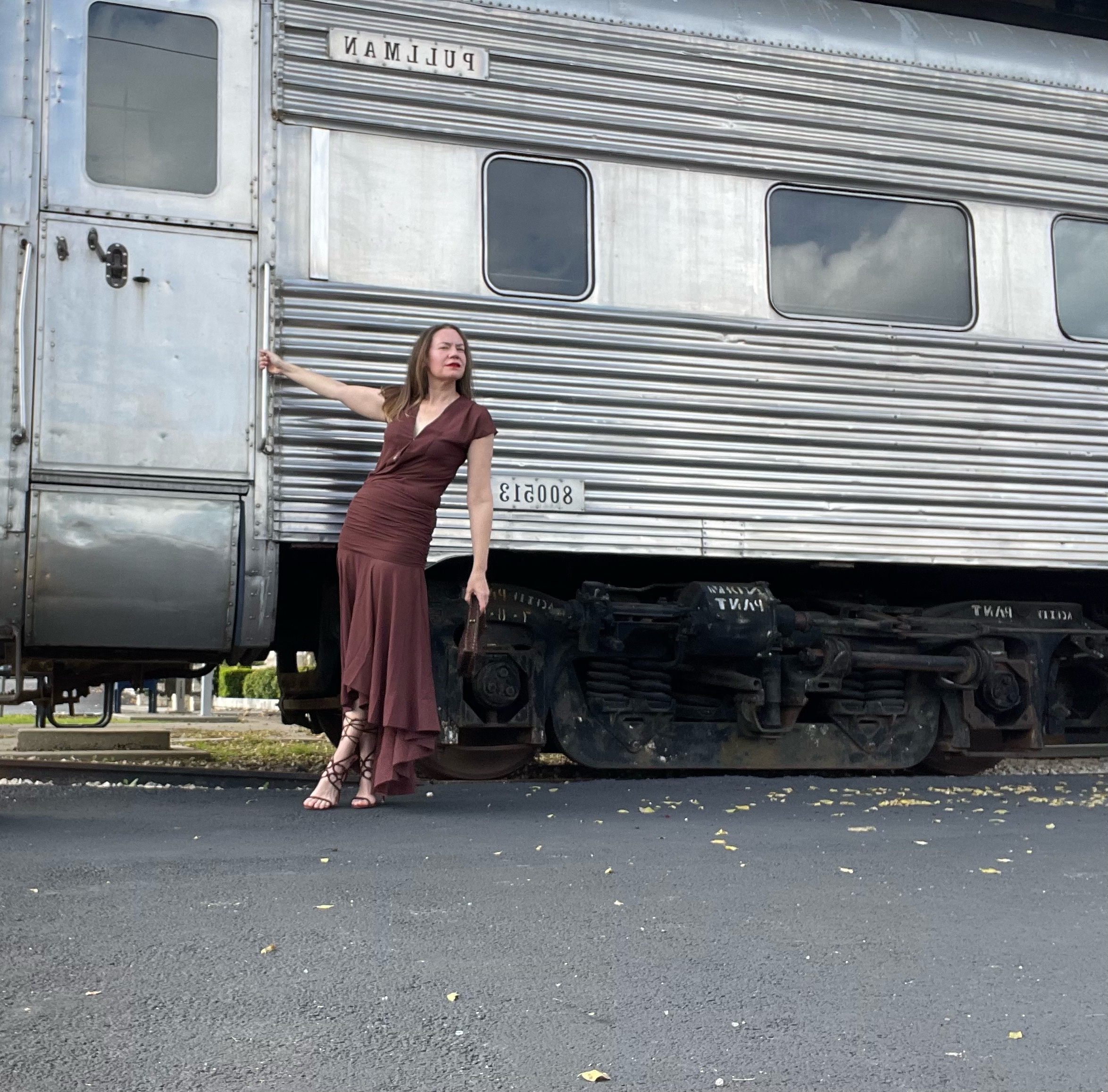 a woman in a brown Dress, brown shoes in front of a train