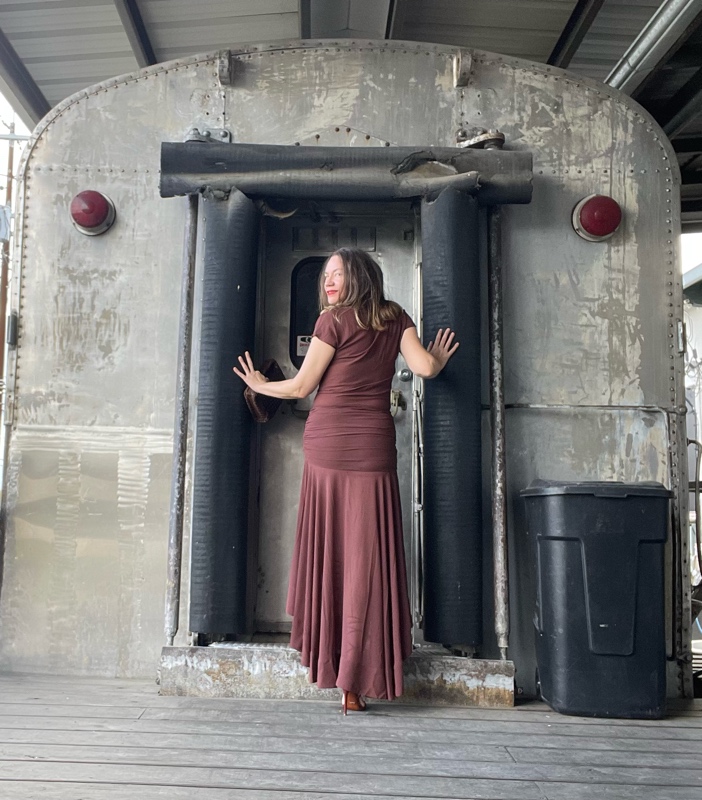 a woman in a brown dress in front of a train