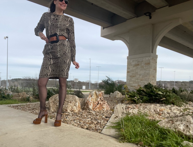 a woman in a silk snake print blouse and skirt, brown belt and black hose and brown suede platforms 